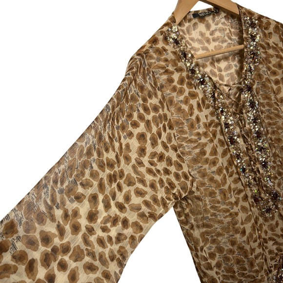 TieRack Leopard Print Sequin Beaded Lace Up Kaftan Tunic Brown Tan One Size - Picture 5 of 13
